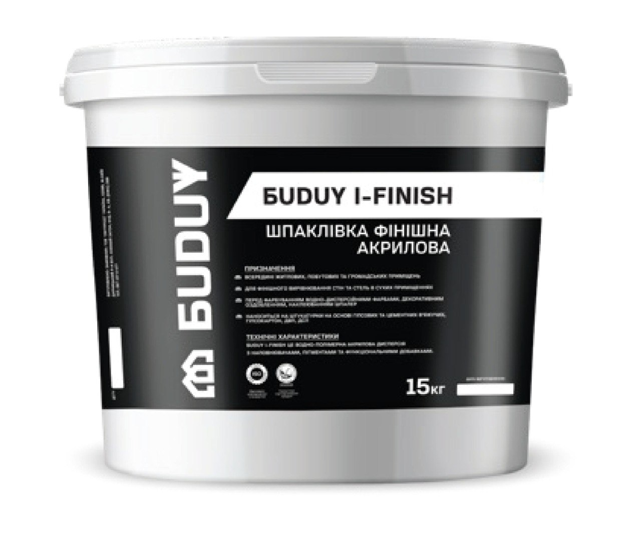 00b469ac710a11f0b7ebb42e99c9b7fd_0e1497040bf811f1b80cb42e99ccff36 Шпаклівка Buduy фінішна акрилова I-Finish (15кг) - Зображення 1