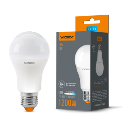 Лампа Videx LED A60e, 12W, E27, 4100K, 220V (VL-A60e-12274-S) з сенсором руху